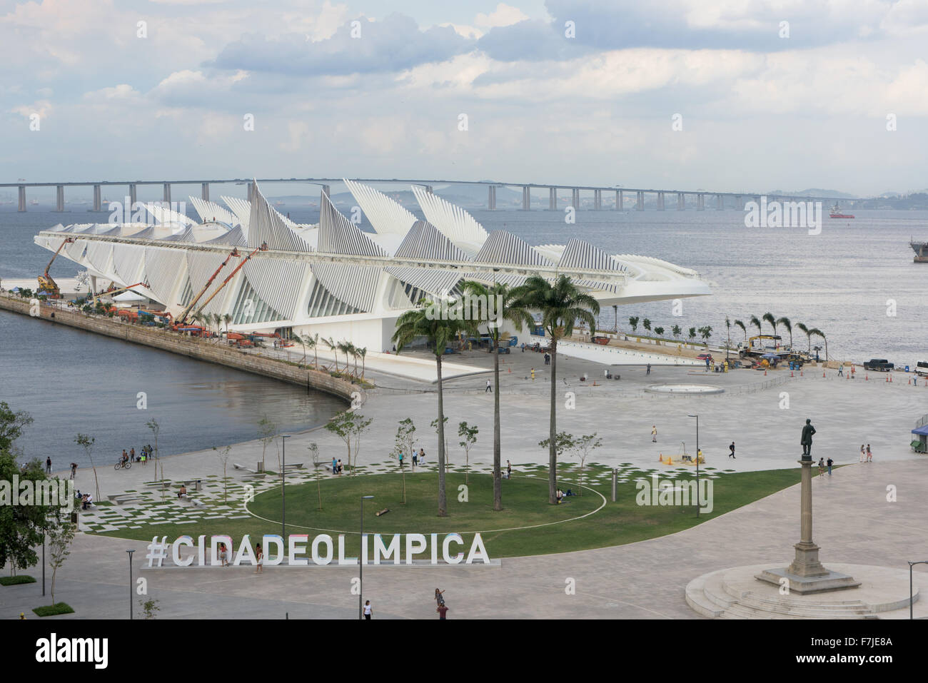 View of Praça Mauá with the #CIDADEOLIMPICA sign prominent in front of the Museu do Amanhã (Museum of Tomorrow). Olympic Games, Rio de Janeiro, Brazil, 2016. Stock Photo