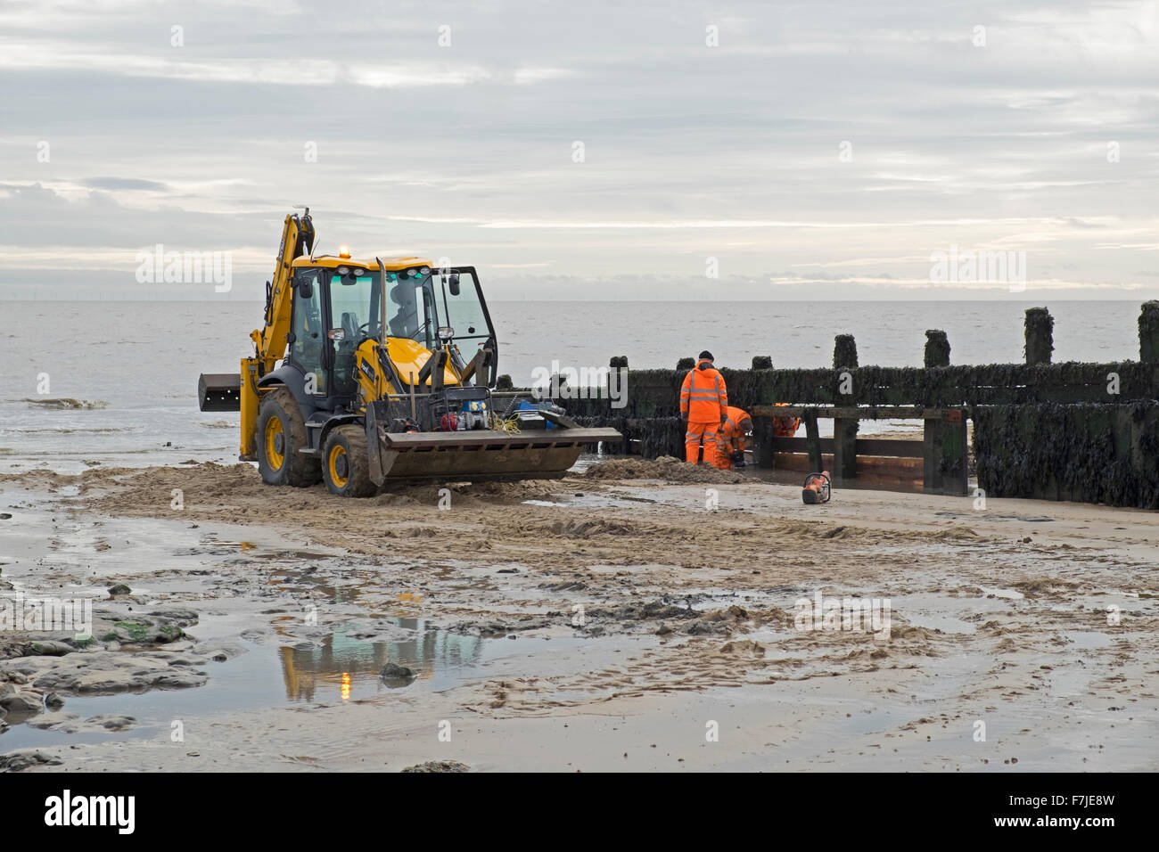 repairing wooden groyne beach walton naze essex, groynes are sturdy barriers built out into the sea from a beach to check erosion and drifting. Stock Photo