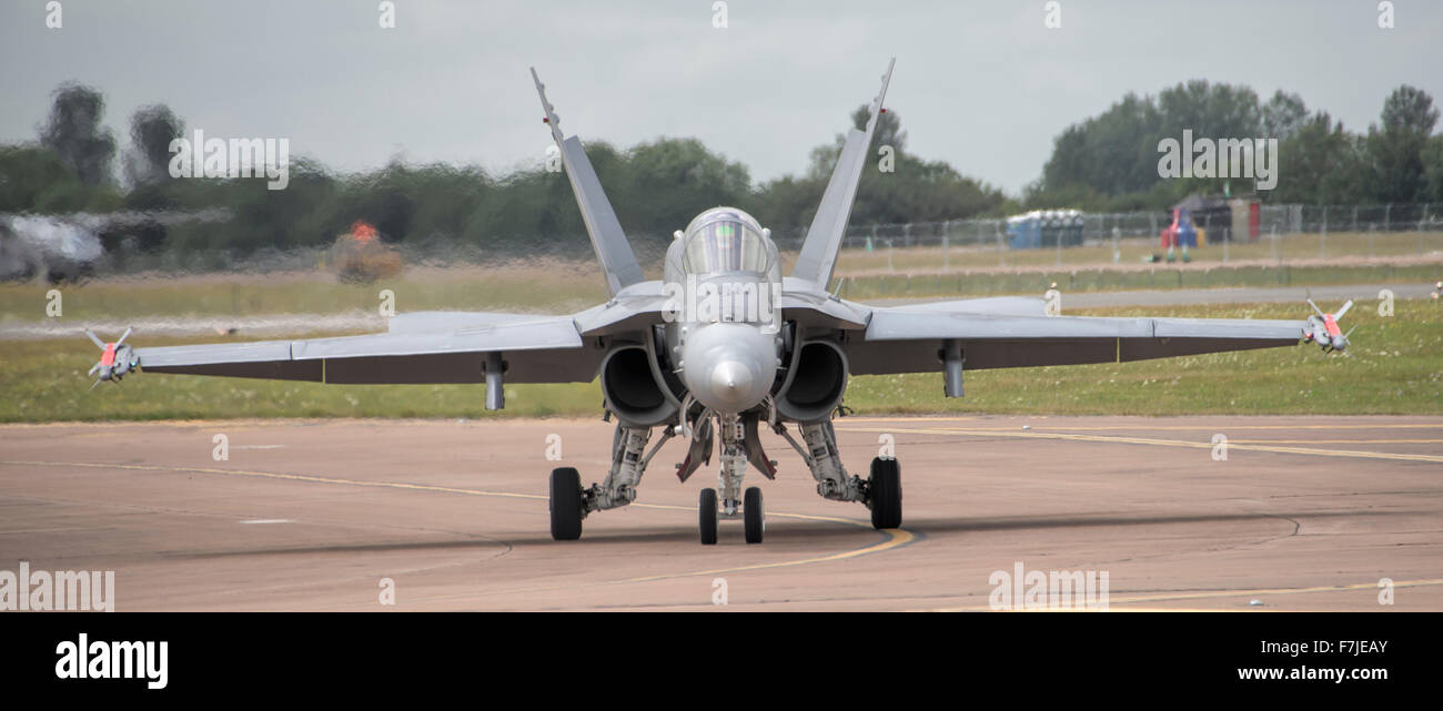 McDonnell Douglas F-18C Hornet of the Finnish Air Force taxis back to its parking position after displaying at the 2015 RIAT Stock Photo