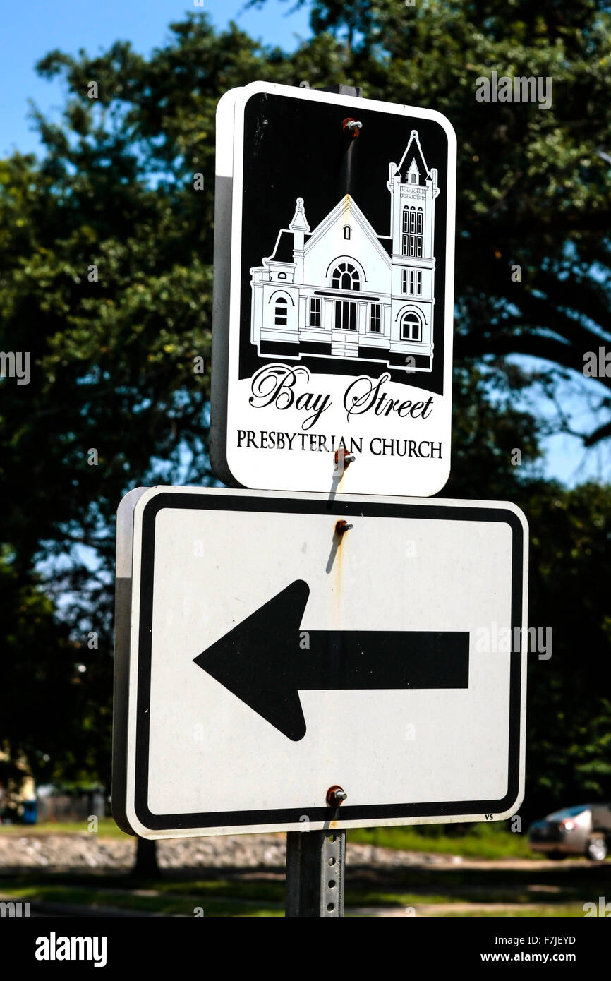 Directions sign to Bay Street and the Presbyterian Church in