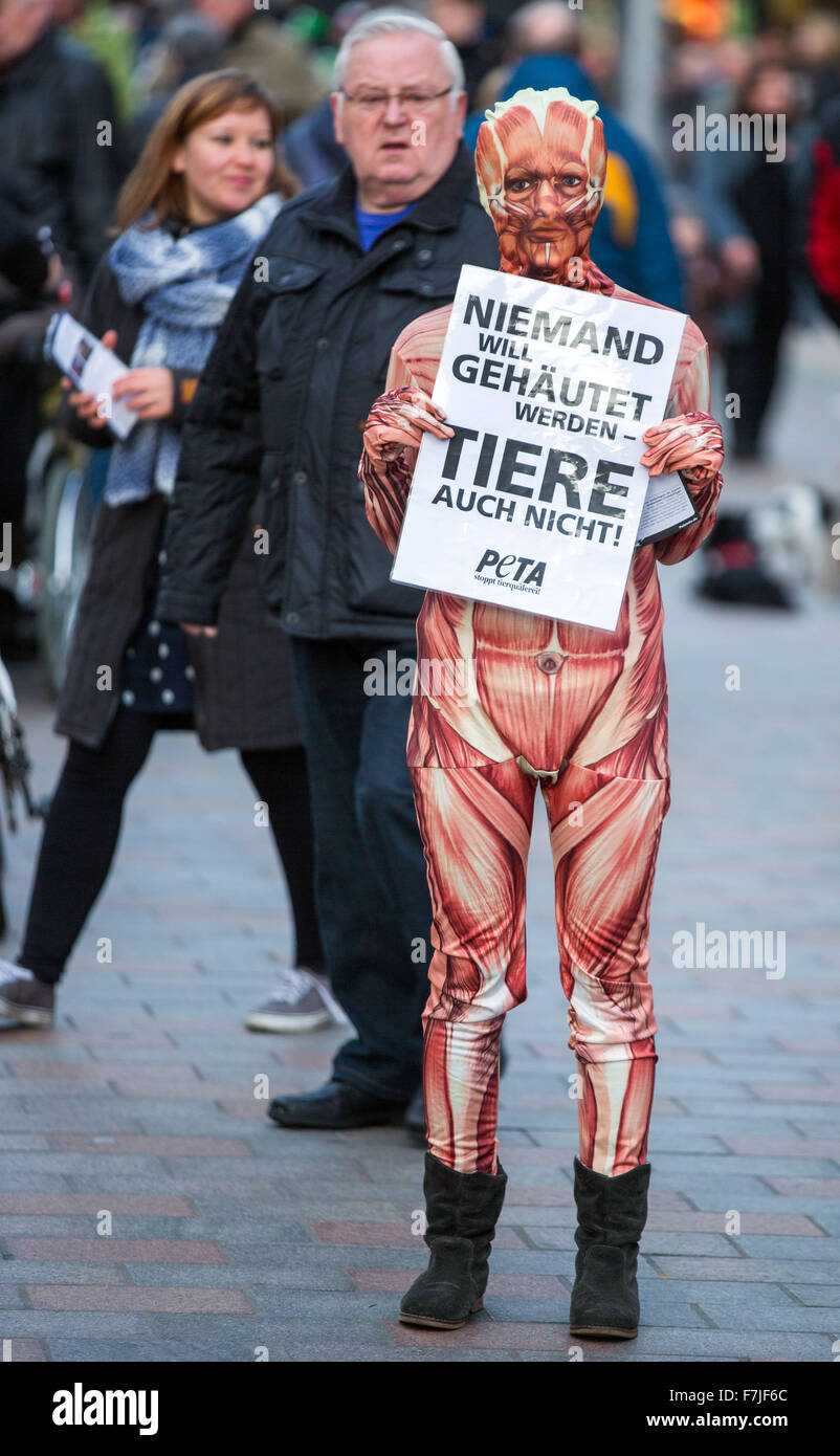 Schwerin, Germany. 01st Dec, 2015. Peta activists wear body suits depicting human muscle tissue to protest against the skinning of animals for the fur and fashion industry, in Schwerin, Germany, 01 December 2015. Photo: JENS BUETTNER/dpa/Alamy Live News Stock Photo