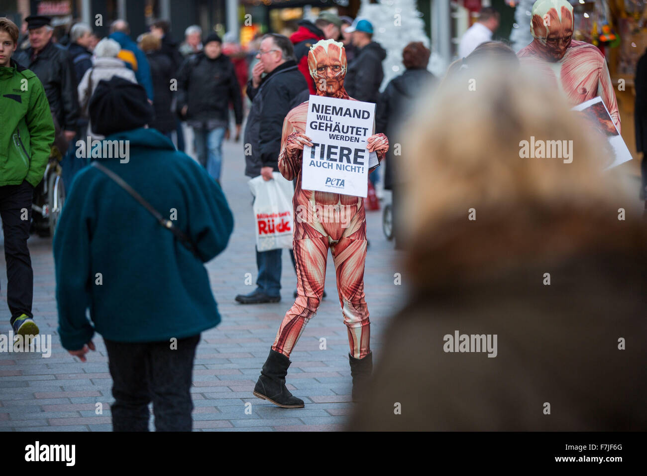 Schwerin, Germany. 01st Dec, 2015. Peta activists wear body suits depicting human muscle tissue to protest against the skinning of animals for the fur and fashion industry, in Schwerin, Germany, 01 December 2015. Photo: JENS BUETTNER/dpa/Alamy Live News Stock Photo