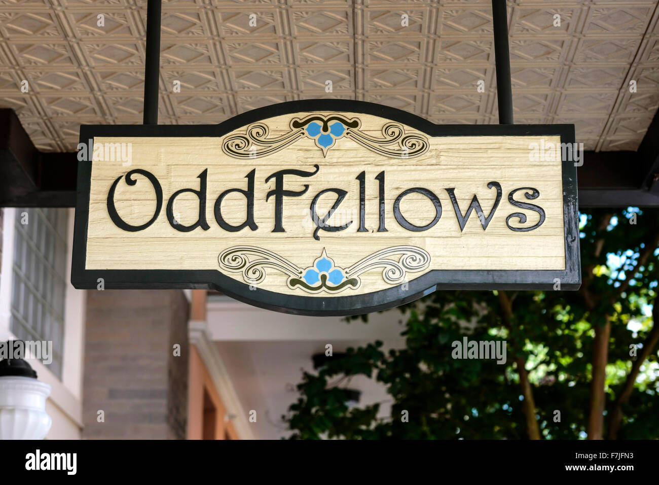 Oddfellows overhead hanging sign. IOOF is a religious and politically independent fraternity founded in 1819 by Thomas Widley in Stock Photo