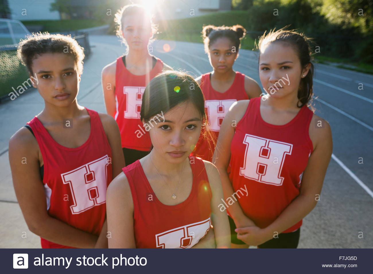 Portrait female high school track and field team Stock Photo
