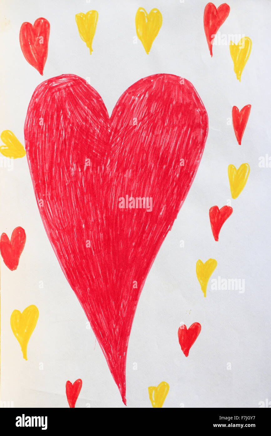 Children's drawing with red and yellow hearts in circle Stock Photo