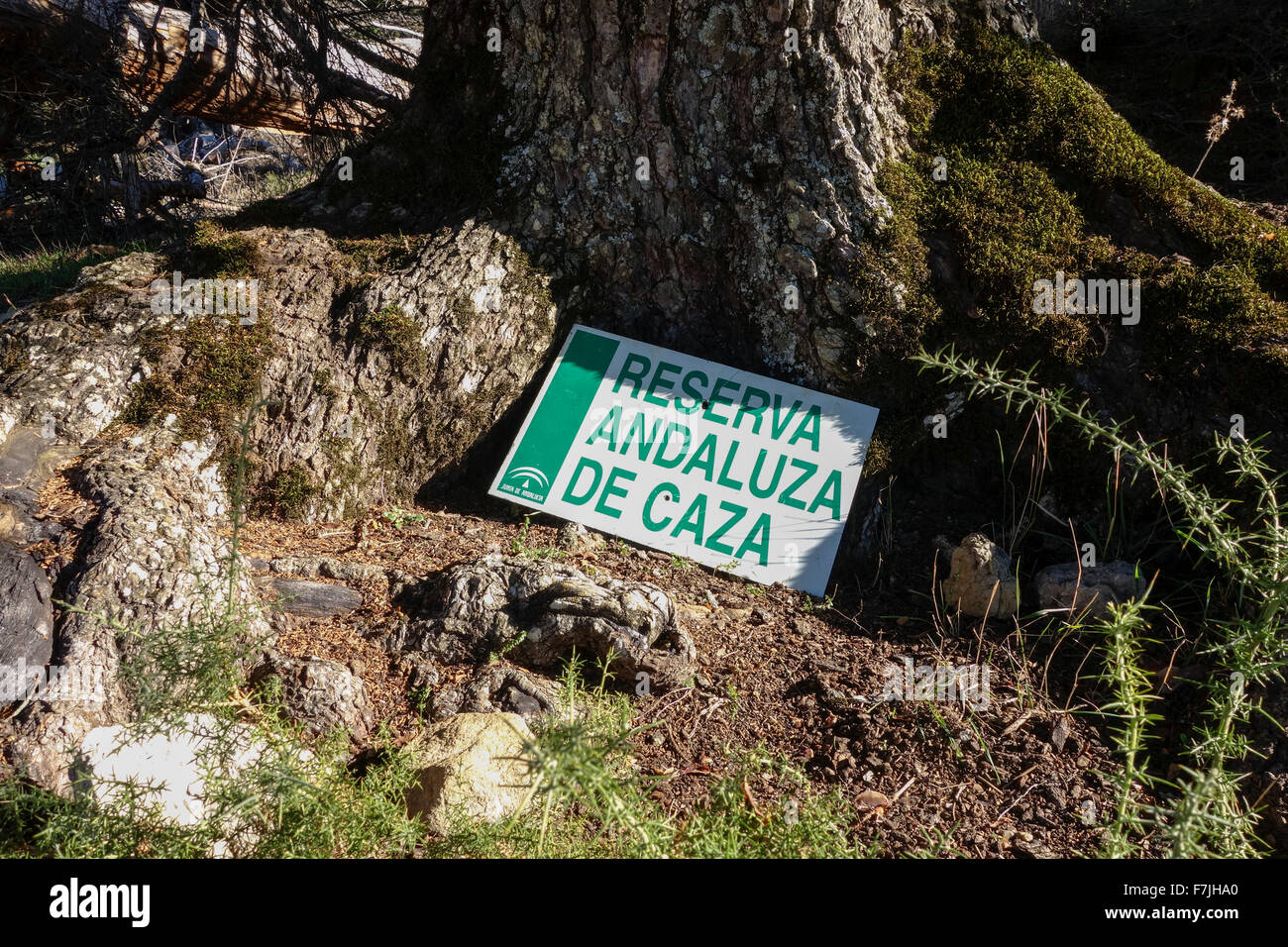 Sign in spanish saying Andalusian hunting reserve, Sierra de las Nieves, Andalusia, Spain. Stock Photo