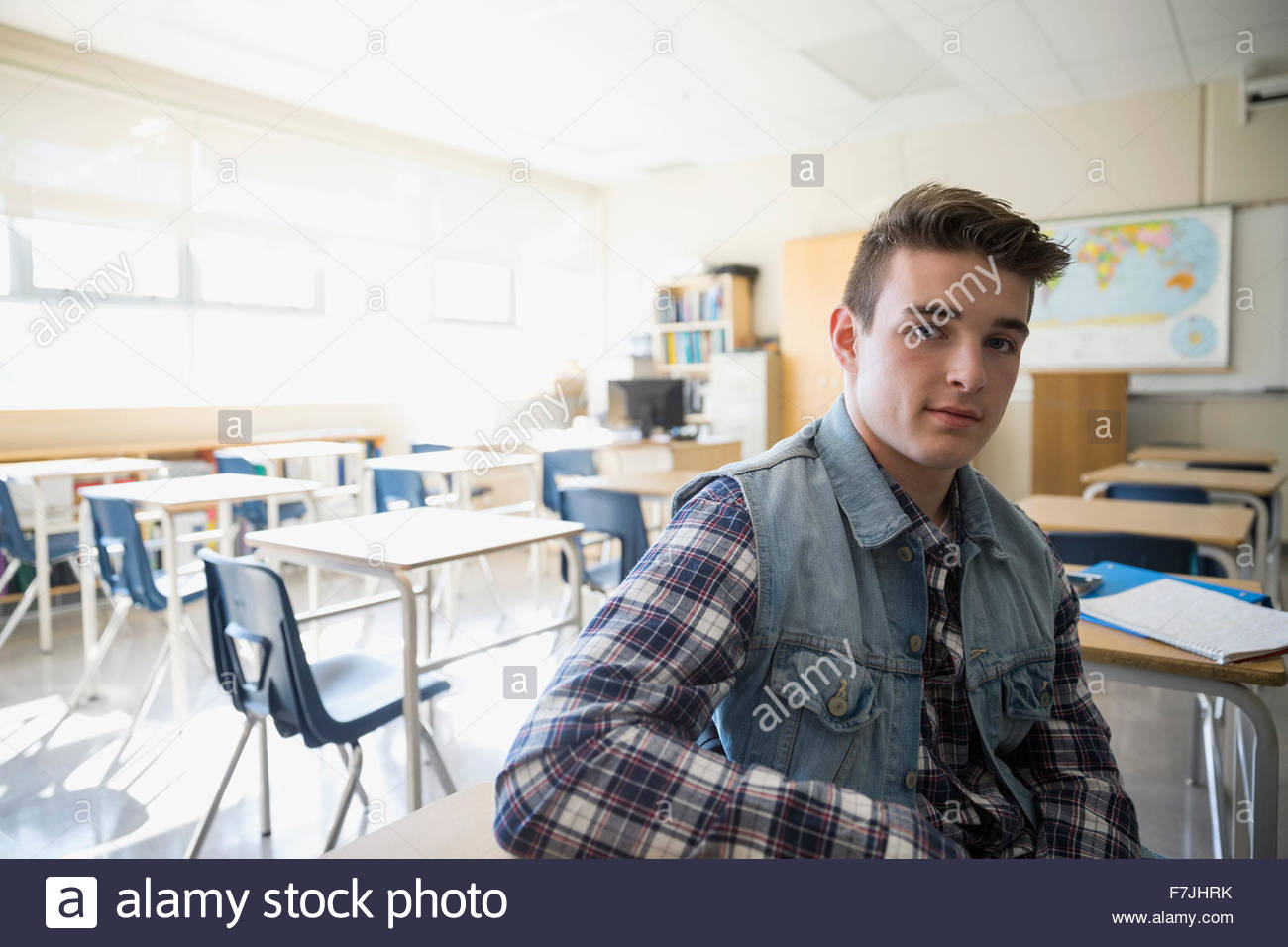 Portrait serious high school student in classroom Stock Photo