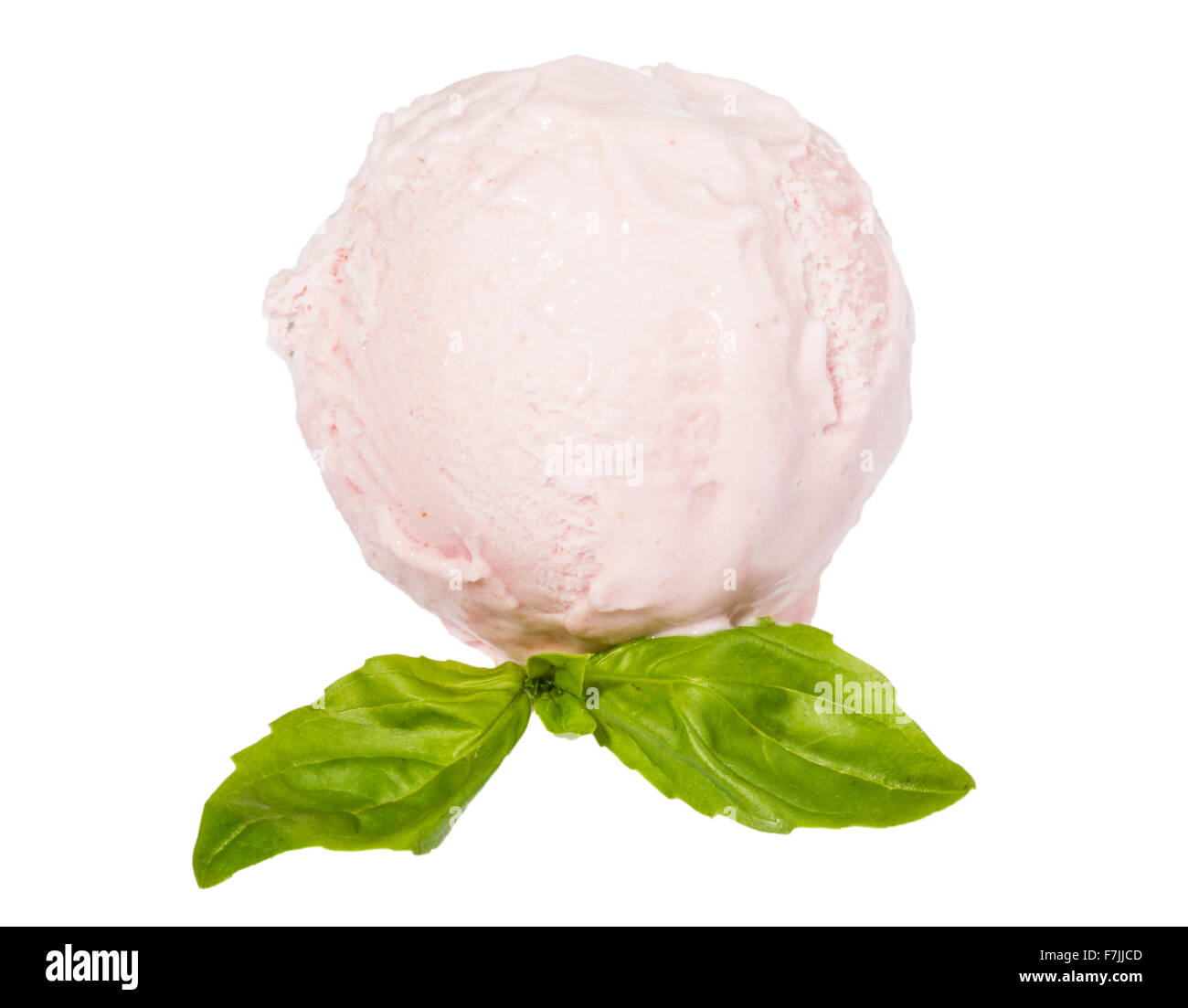 Scoop of strawberry ice cream from top on white background with mint ...
