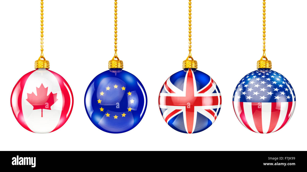 International christmas ornaments / 3D render of christmas ornament with Canadian, EU, UK, USA flags Stock Photo