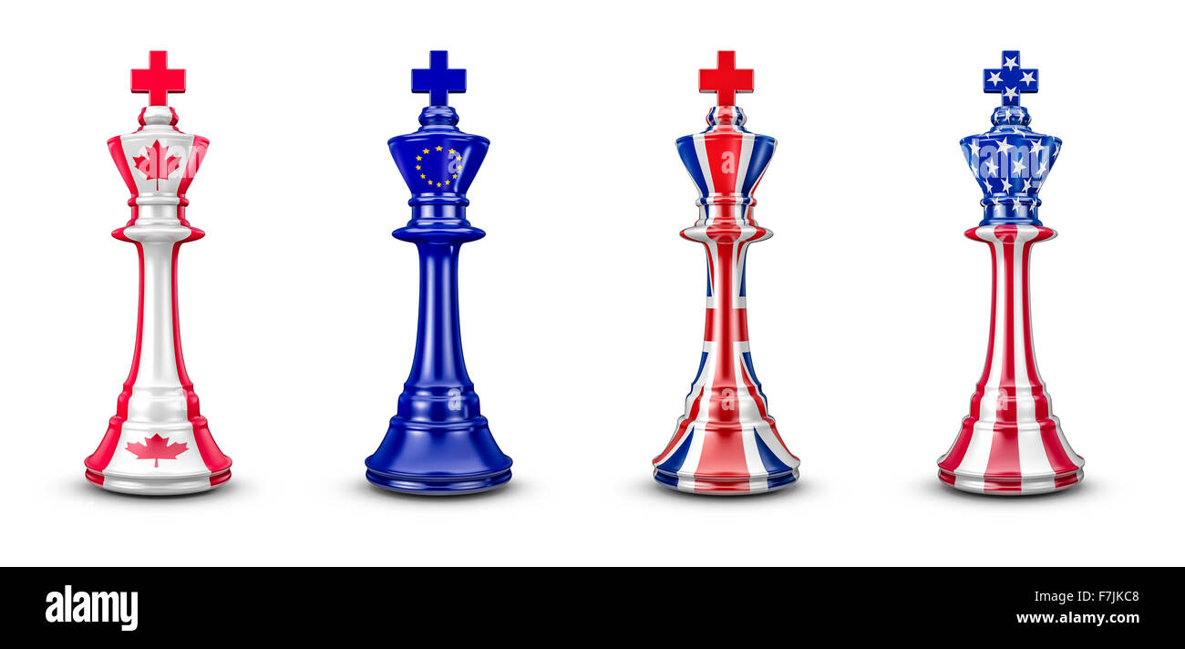 International chess kings / 3D render of chess kings with Canadian, EU, UK, USA flags Stock Photo