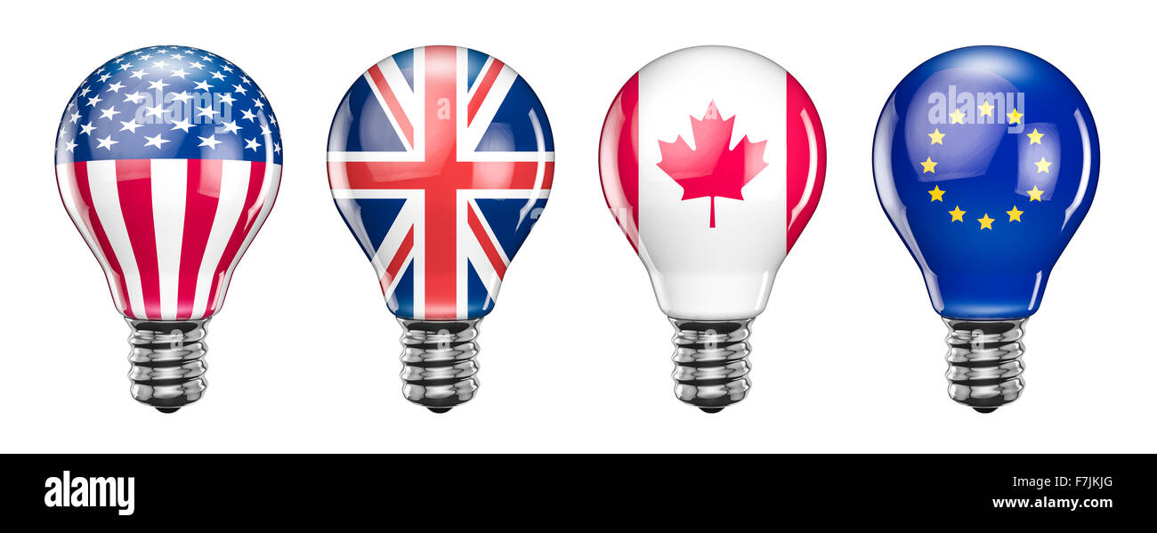 International light bulbs / 3D render of light bulbs with Canadian, EU, UK, USA flags Stock Photo