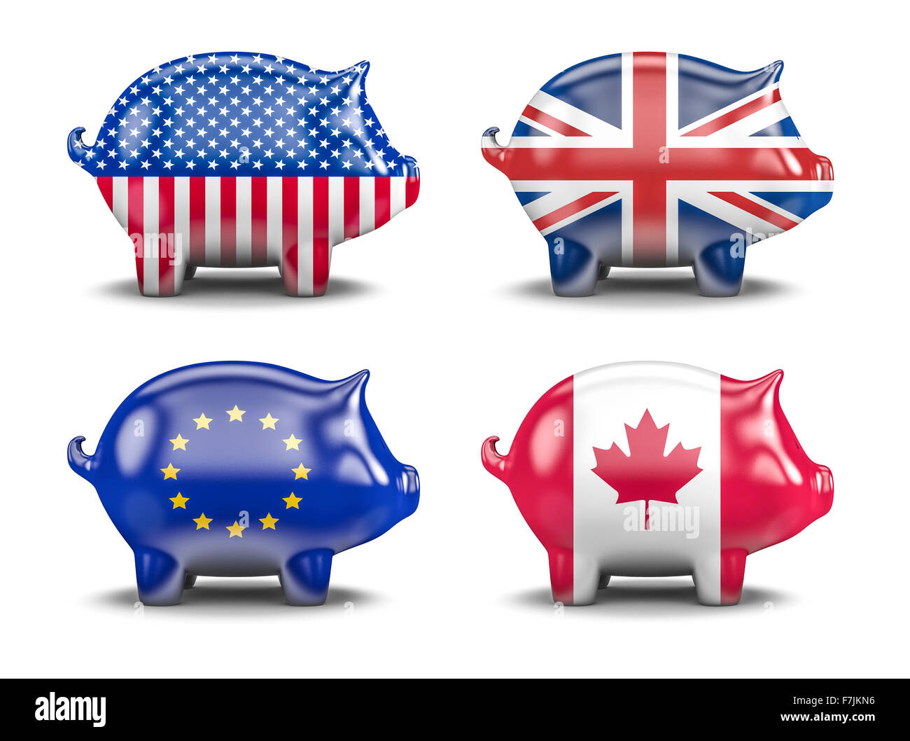 International piggy banks / 3D render of piggy bank with Canadian, EU, UK, USA flags Stock Photo