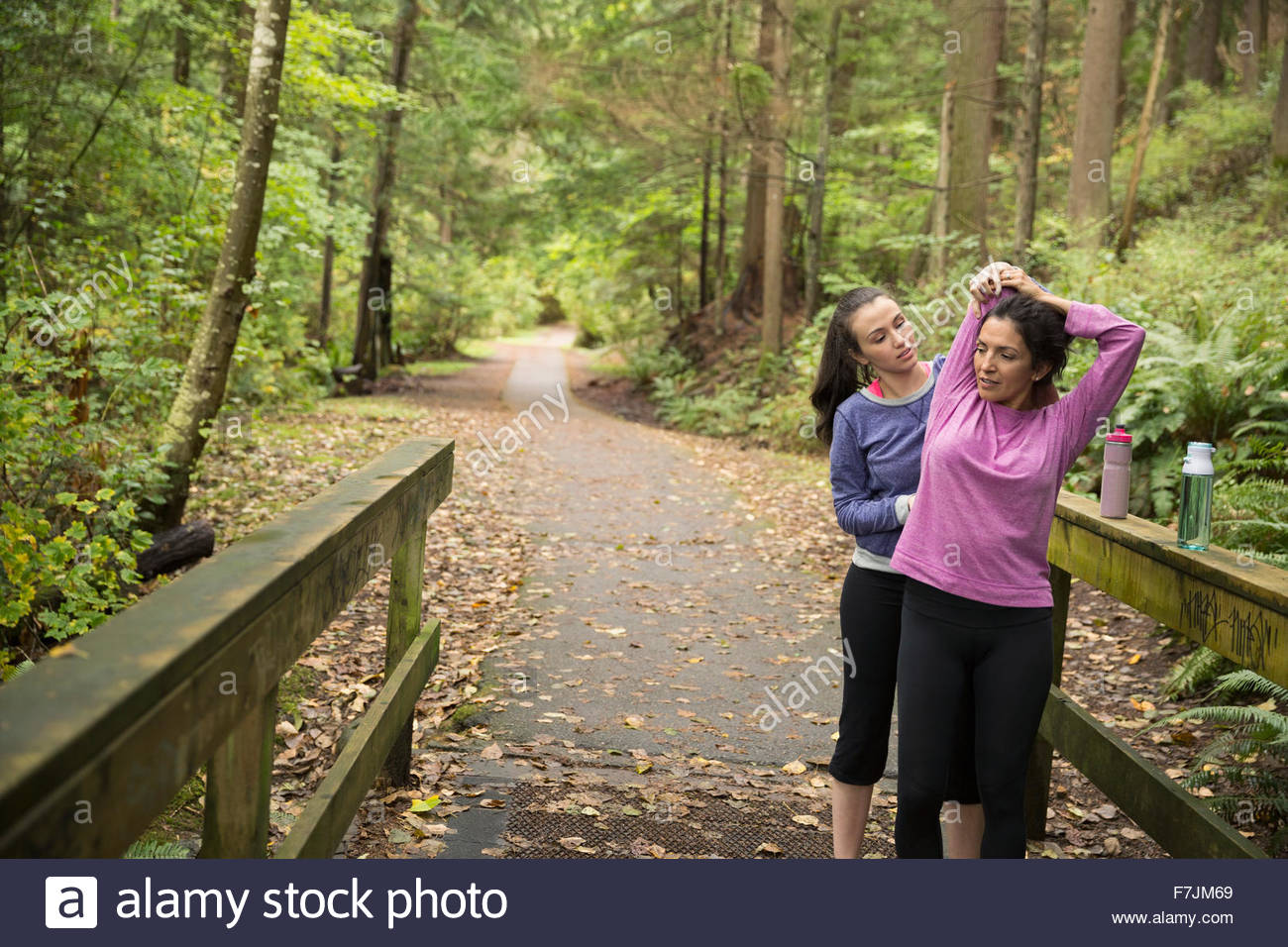 Daughter helping mother stretch preparing for run woods Stock Photo