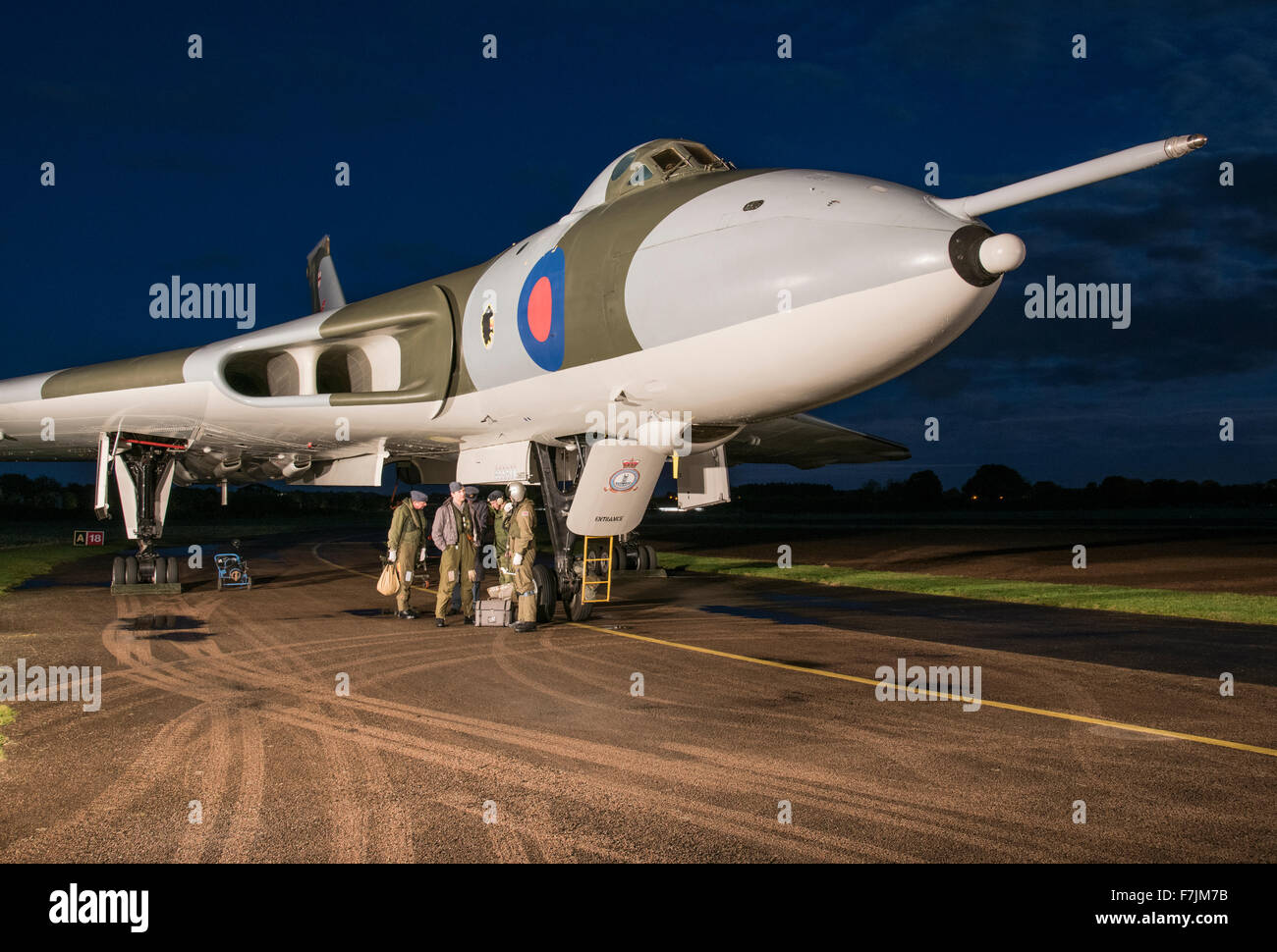 Re-enactment of a night mission for a Avro Vulcan Cold War Nuclear Bomber using the preserved RAF aircraft XM655. Stock Photo