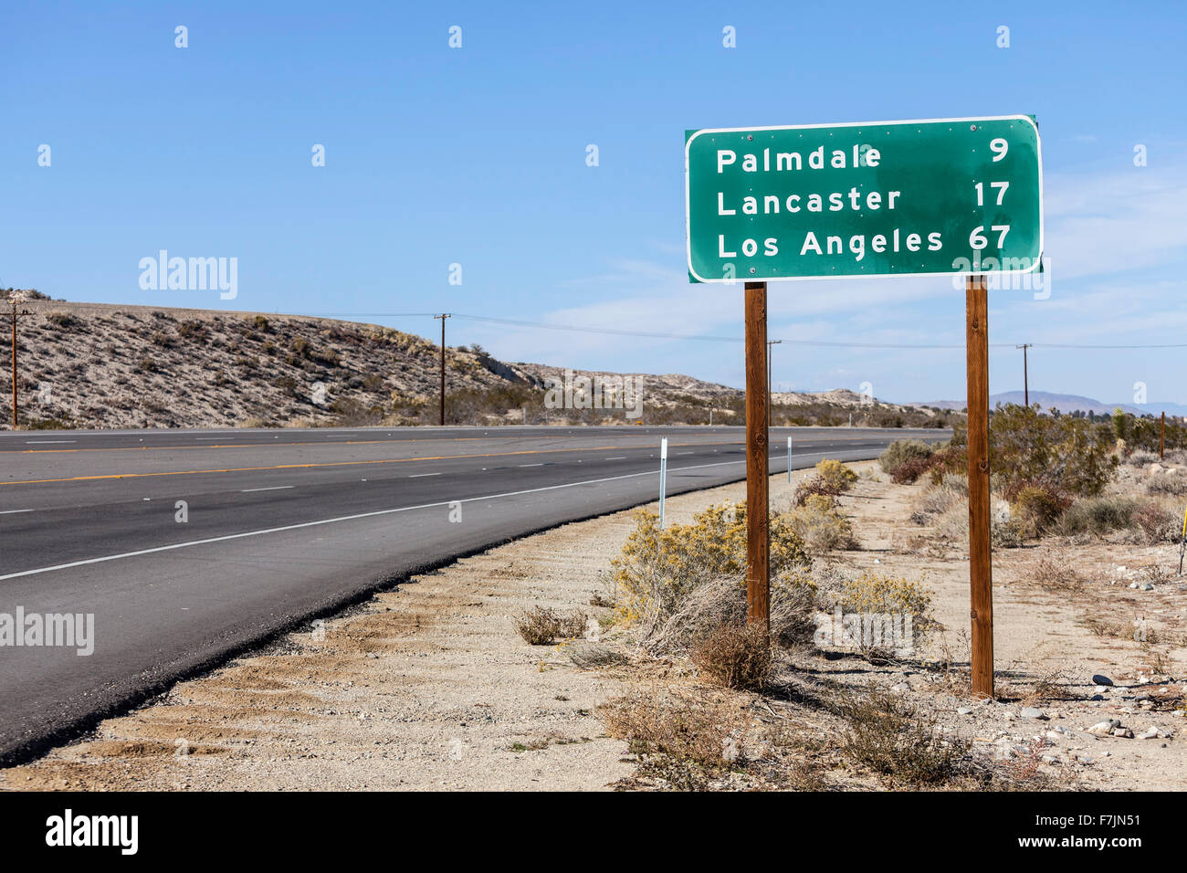 Palmdale, Lancaster and Los Angeles sign on Pearblossom Highway