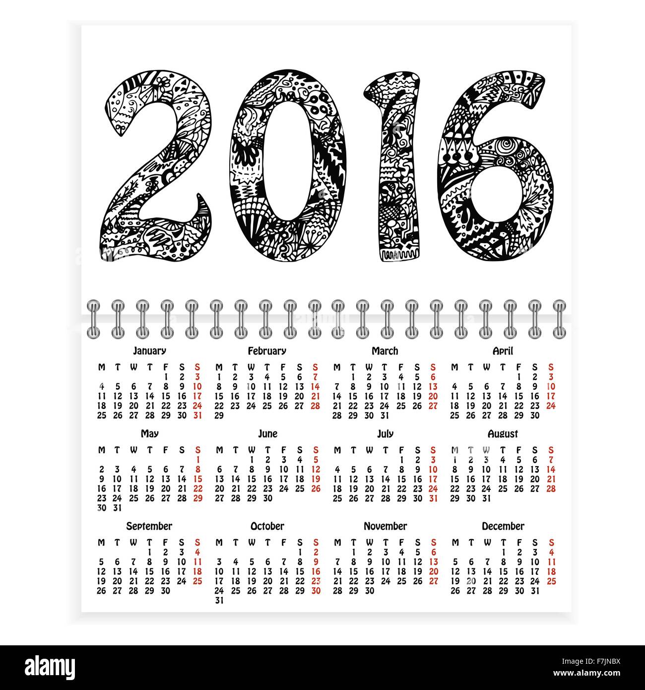 Spiral calendar with hand-drawn 2016 as cover Stock Vector