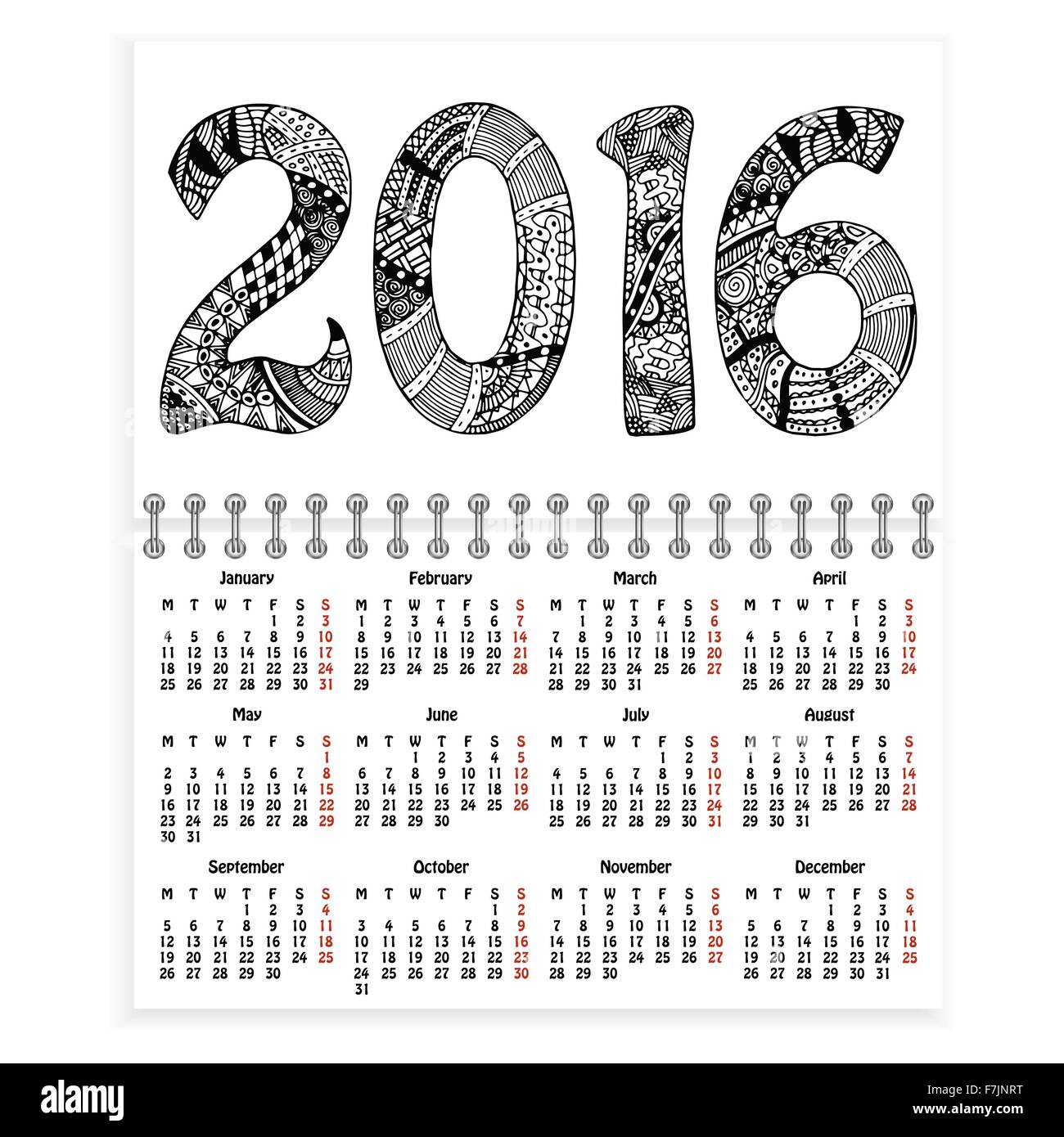 Spiral calendar with ornate 2016 as cover Stock Vector