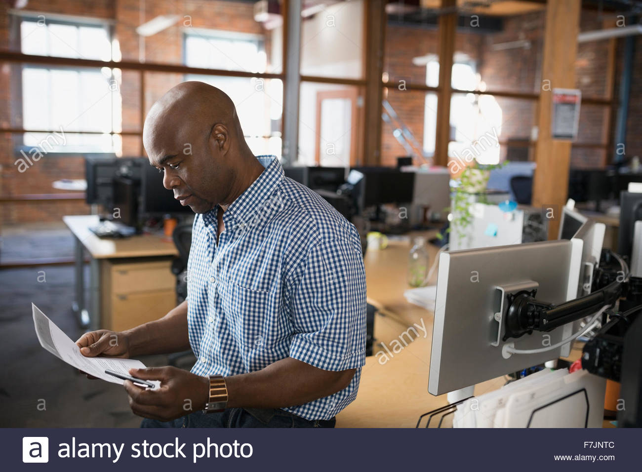 Businessman reviewing paperwork in office Stock Photo