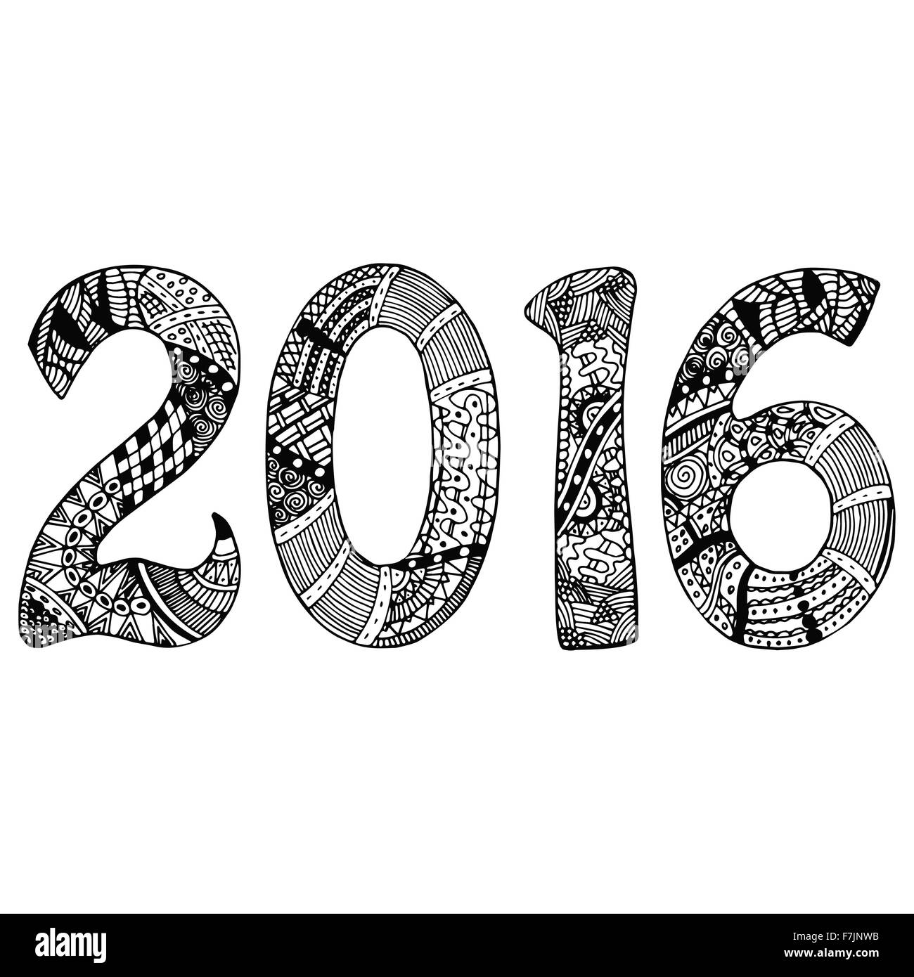 Black and white 2016 with hand-drawn pattern Stock Vector