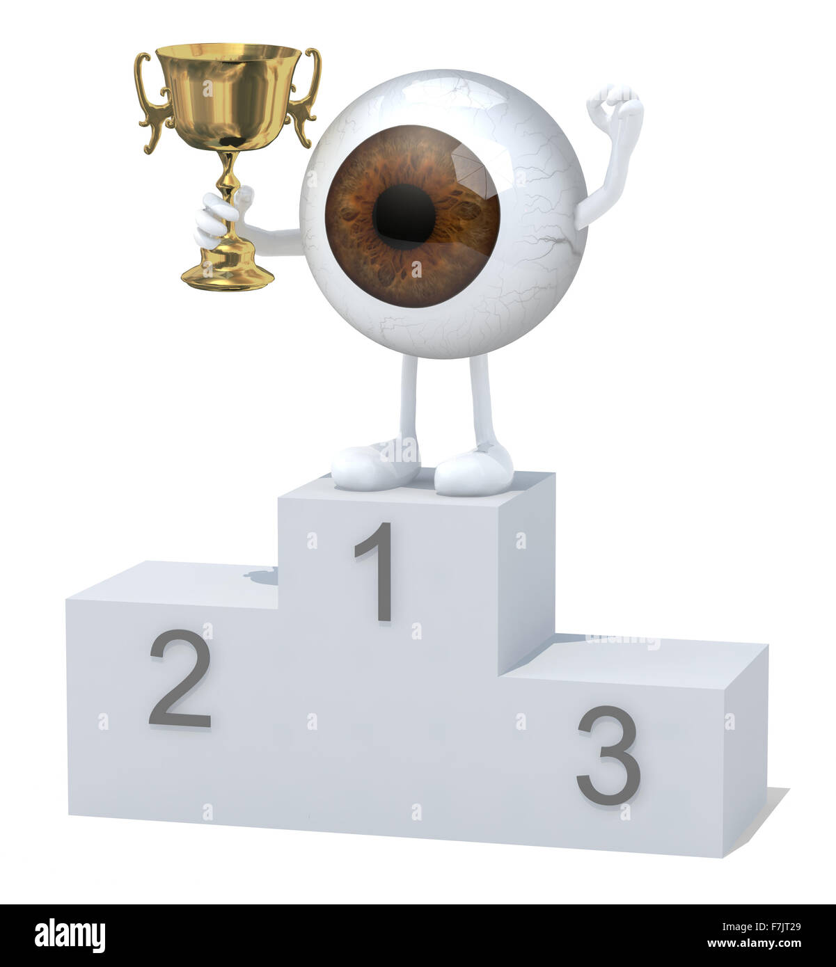 eyeball with arms, legs and winner cup on sports victory podium Stock Photo