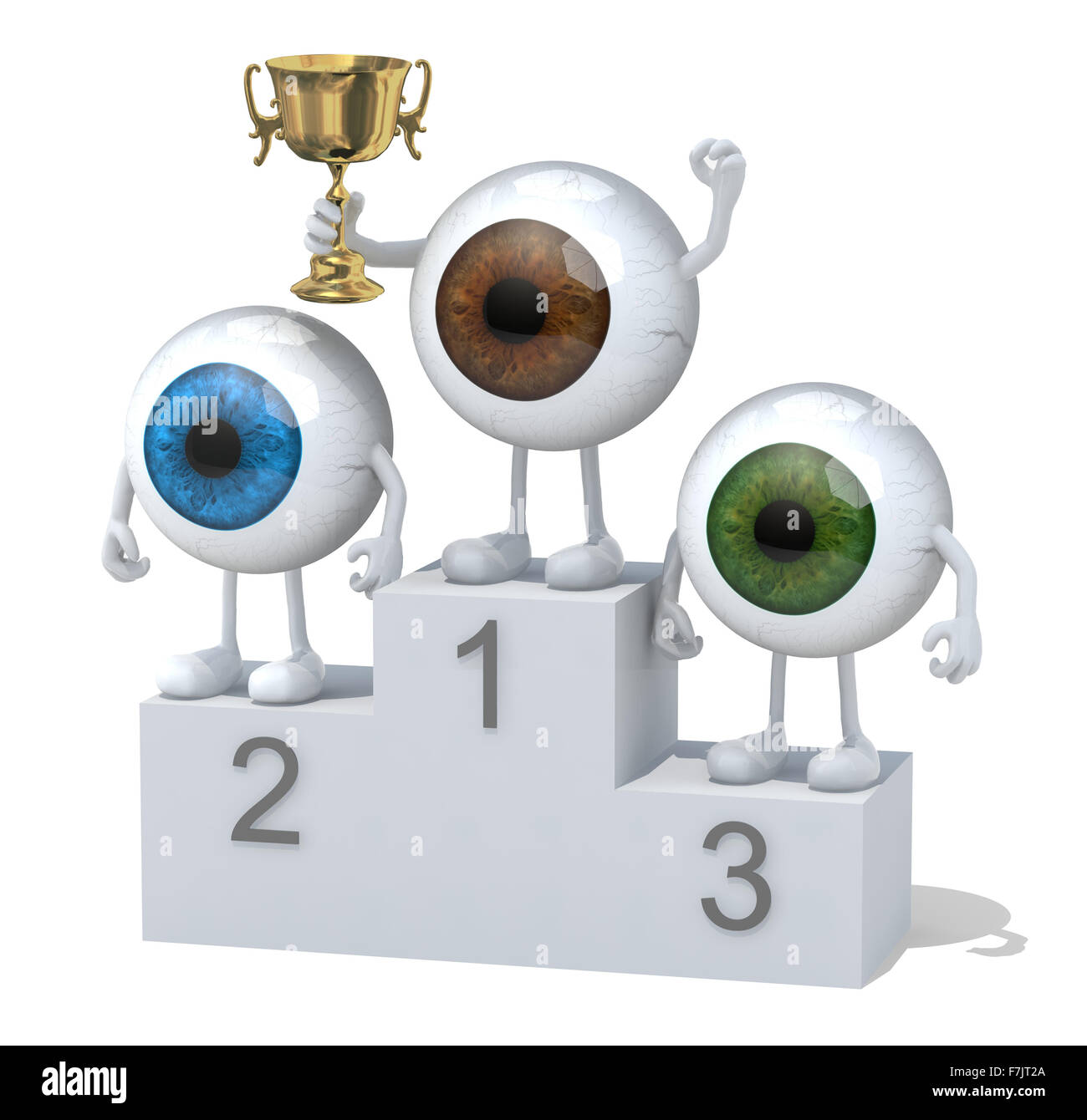 eyeballs with arms, legs and winner cup on sports victory podium Stock Photo