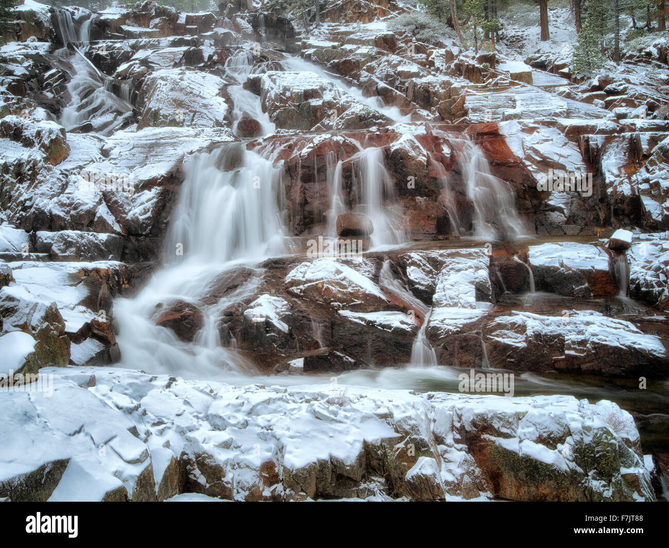 Glen Alpine Falls minutes after fresh snowfall. Lake Tahoe, California Stock Photo