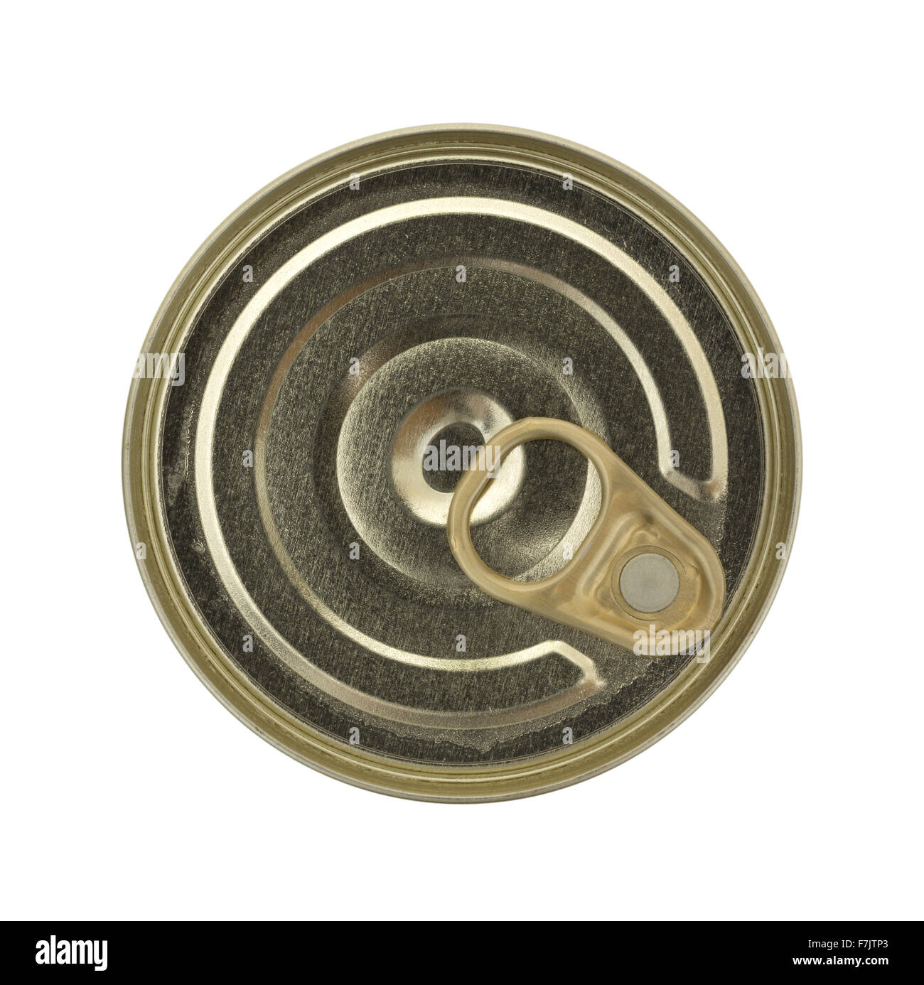 Top view of an unopened food tin can isolated on a white background. Stock Photo
