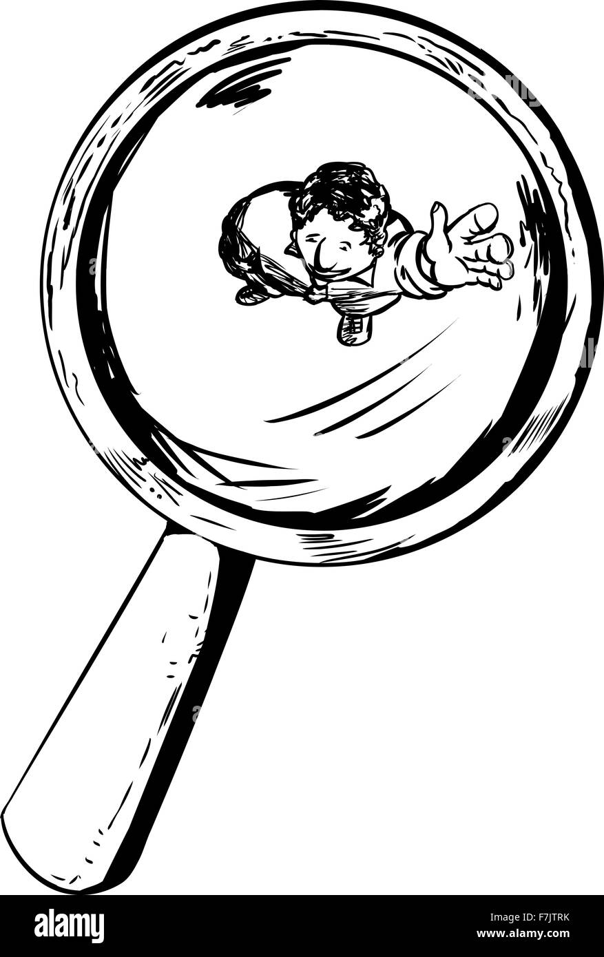 Smiling person under magnifying glass waving his hand Stock Photo Alamy