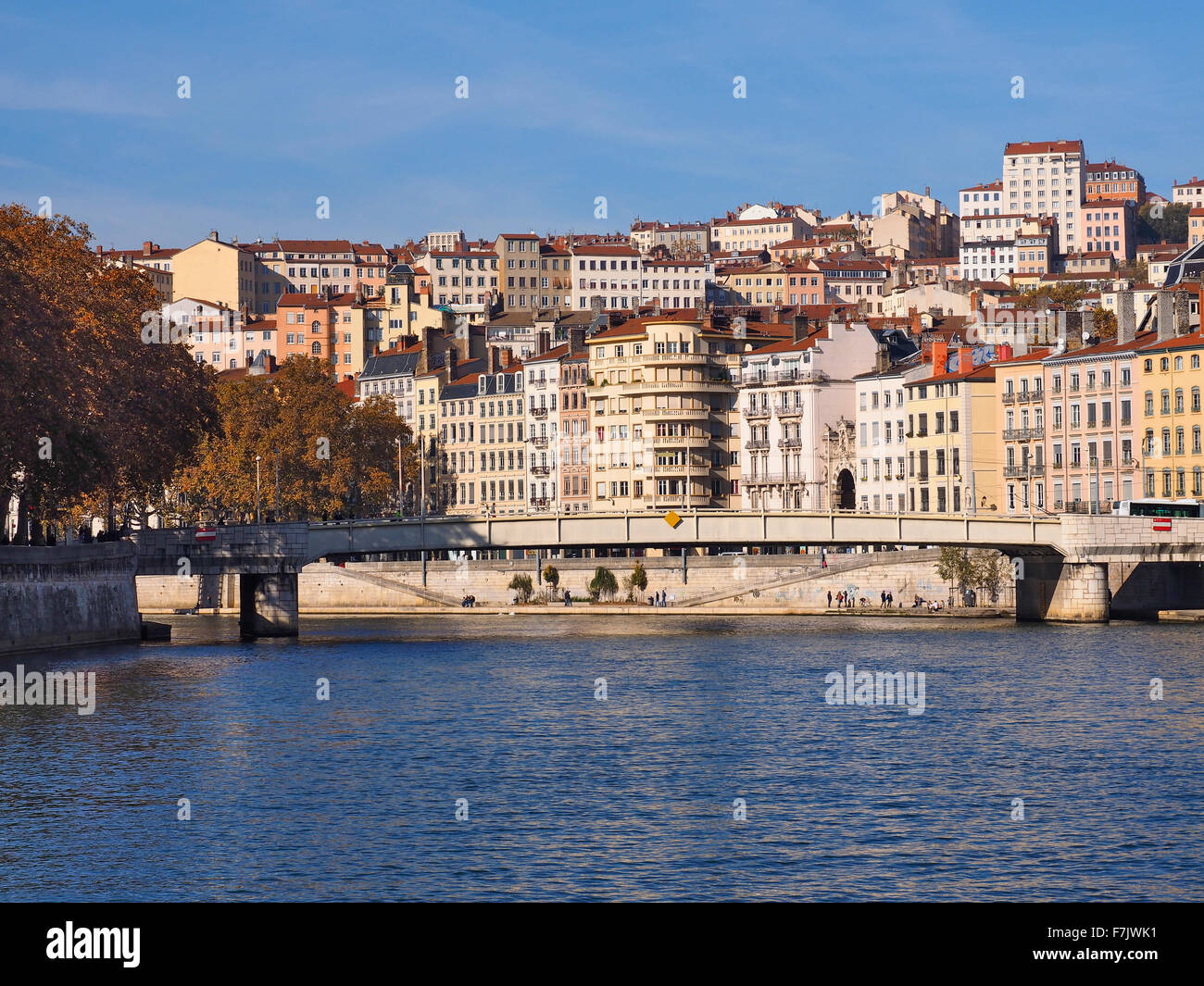 Modern and historic architecture on banks of River Soane, Lyon France ...