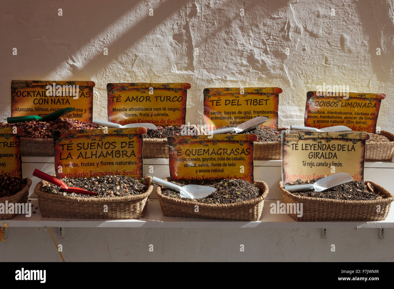 Seville, Seville Province, Andalusia, southern Spain. Selection of herbal teas on display at an