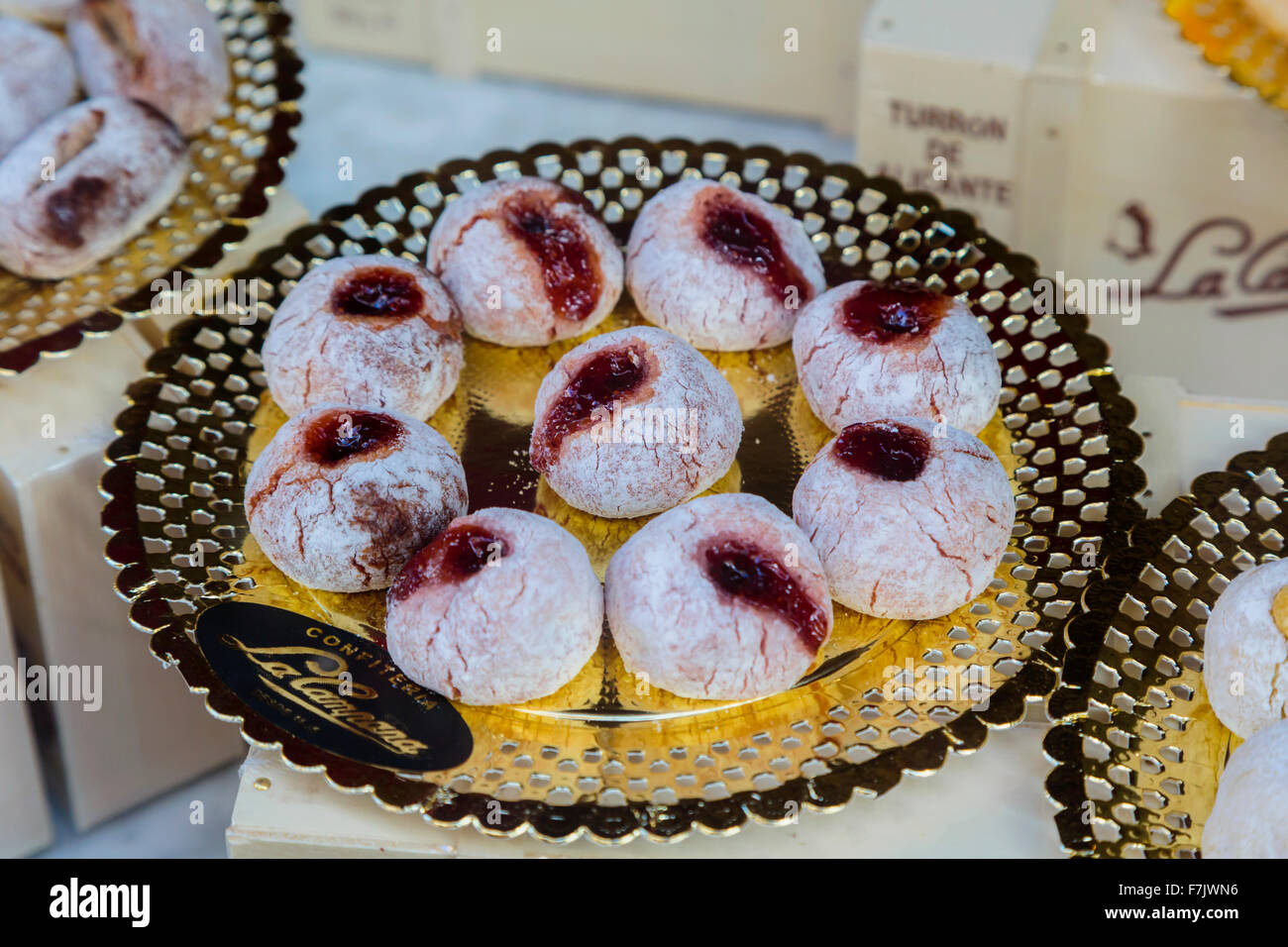 Seville, Seville Province, Andalusia, southern Spain. Spanish cakes in window of Confiteria La Campana in Calle Sierpes. Stock Photo