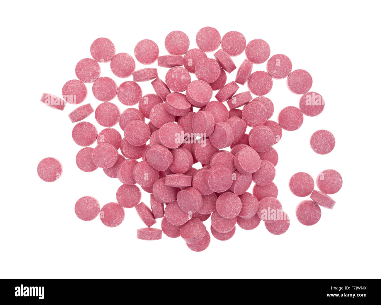 Top view of a large portion of vitamin B12 tablets isolated on a white background. Stock Photo