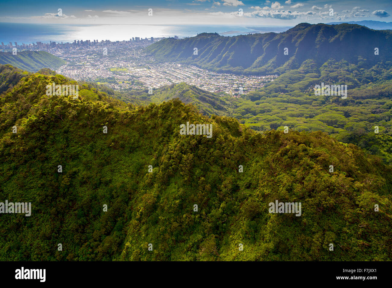 Aerial, ridges, Manoa Valley,Honolulu, Oahu, Hawaii Stock Photo