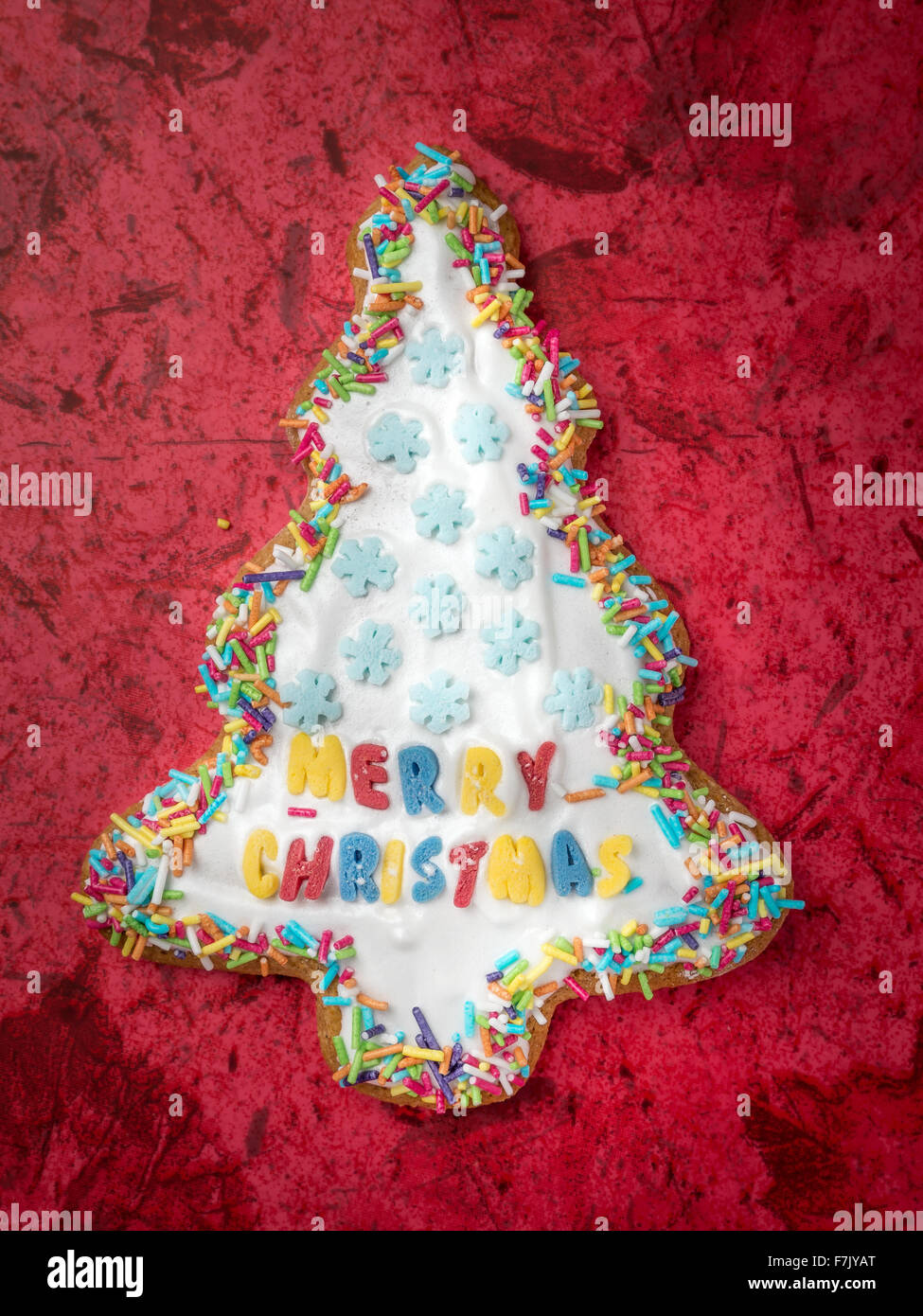 Christmas tree-like gingerbread cookie with white icing on red background Stock Photo