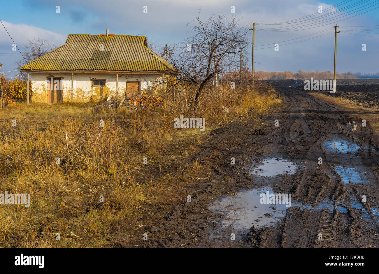 Autumnal Landscape with abandoned dwelling in Village Oleksiivka, Poltavska oblast, Ukraine Stock Photo
