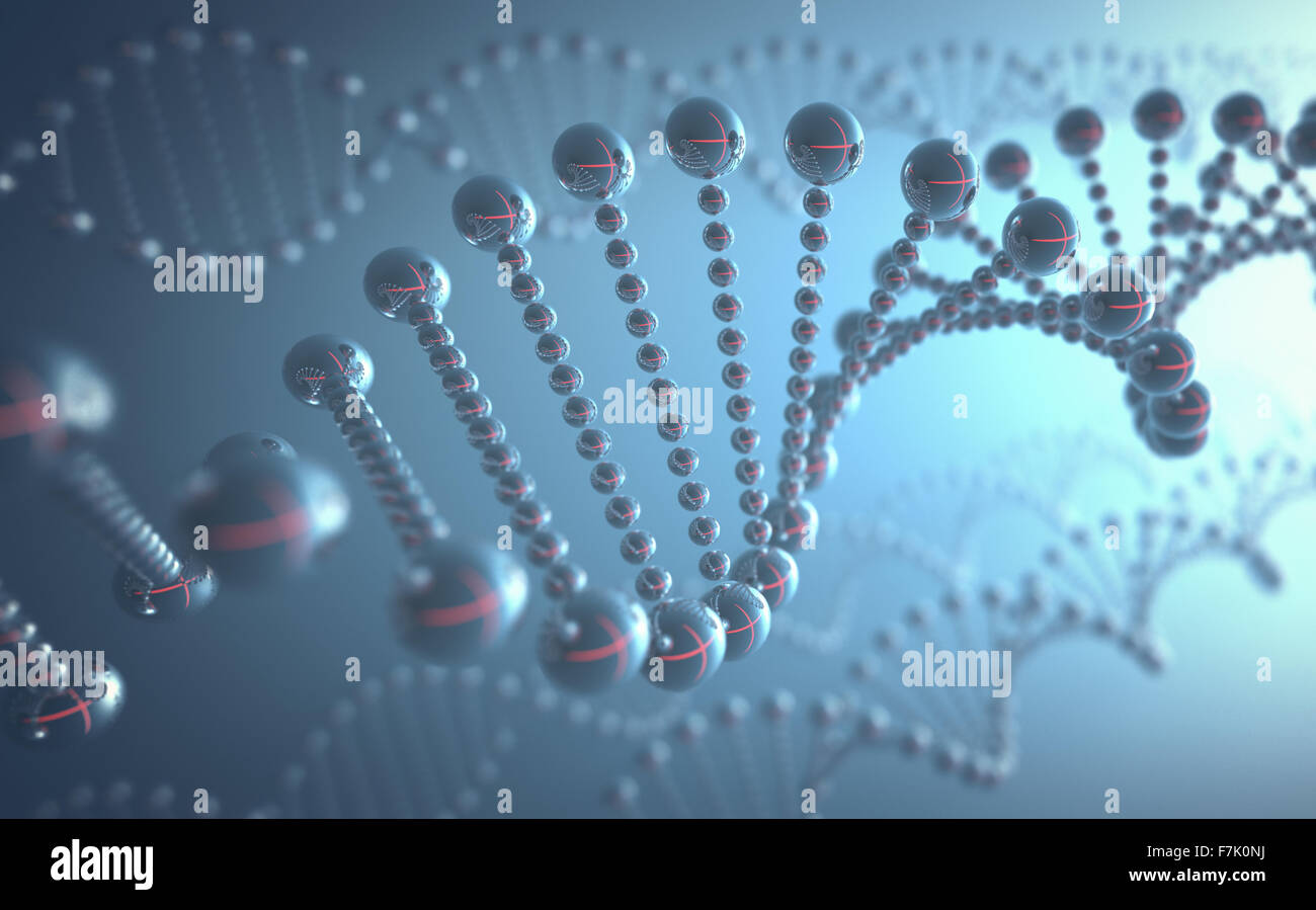 Metallic DNA helix in a futuristic concept of the evolution of science and medicine. Stock Photo