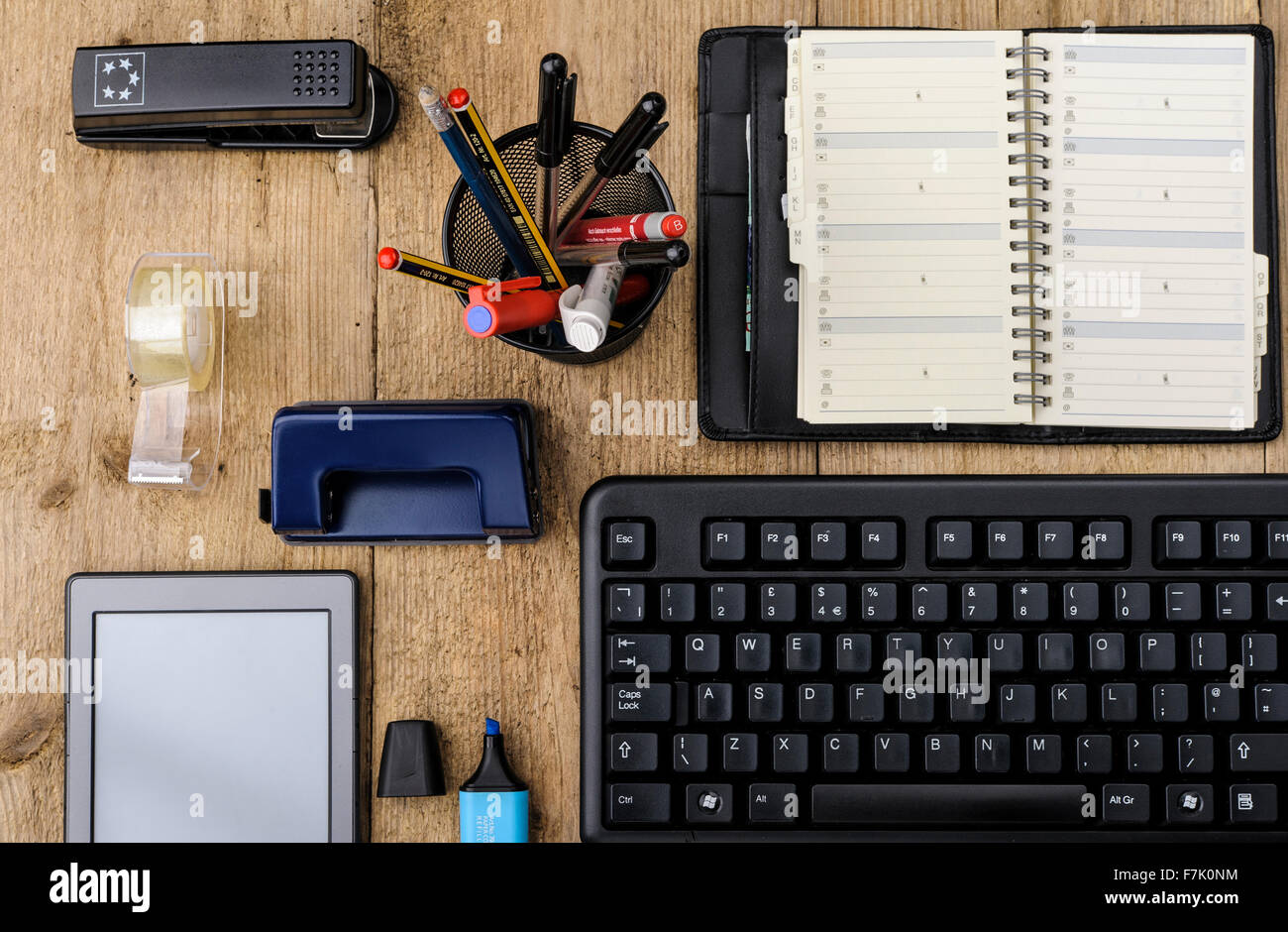 Overhead view of office equipment. Stock Photo