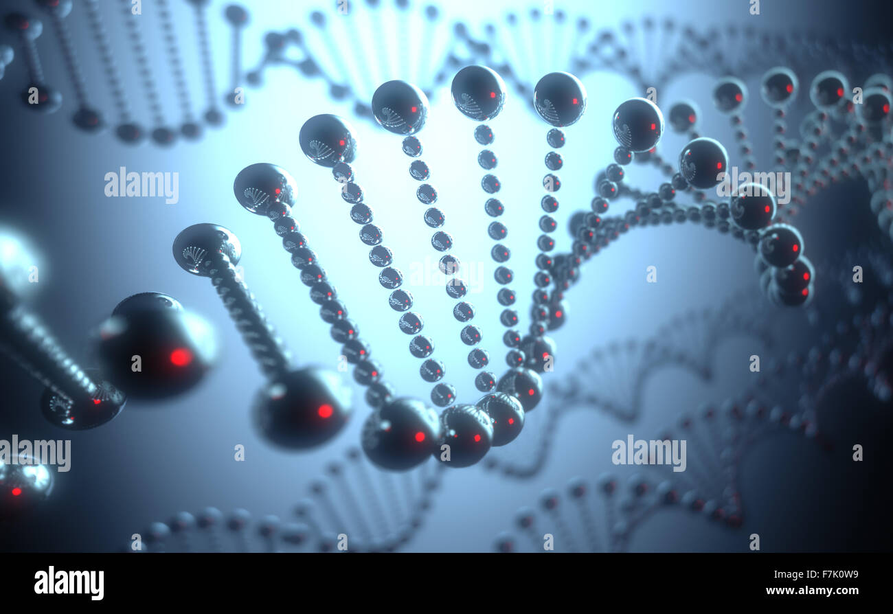 Metallic DNA helix in a futuristic concept of the evolution of science and medicine. Stock Photo