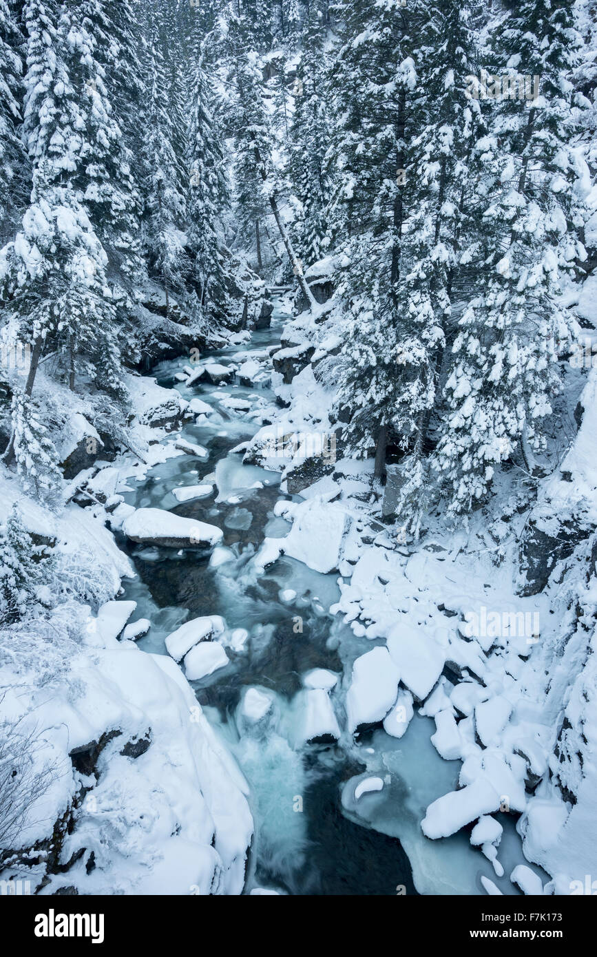 Lostine River with snow and ice, Wallowa Mountains, Oregon Stock Photo