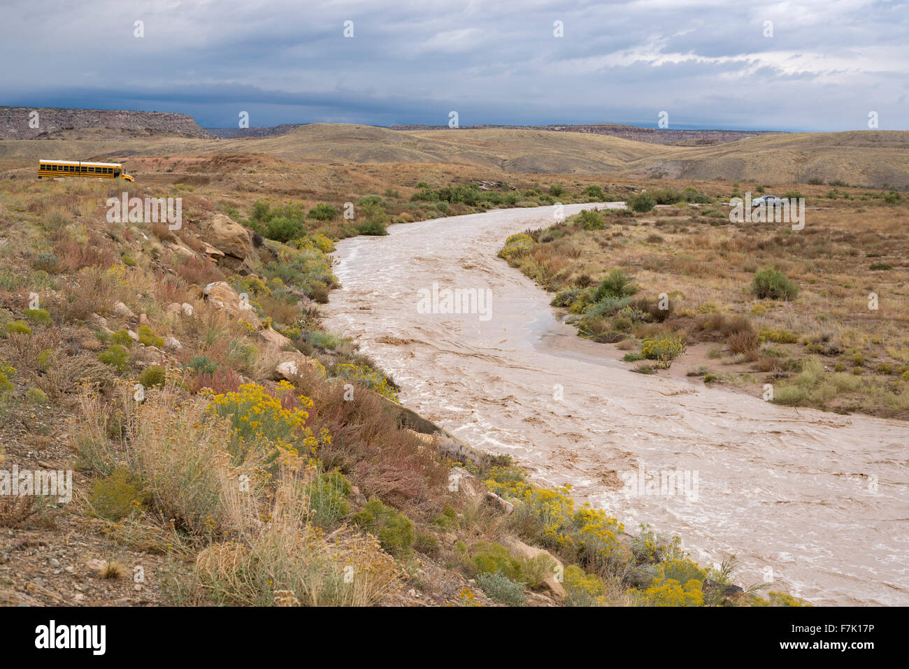 School bus and truck unable to cross Monezuma Creek in flood, Navajo Nation, Utah. Stock Photo