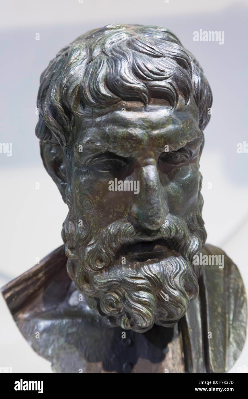 Epicurus, 341–270 BC. Ancient Greek philosopher & founder of Epicureanism.  Bronze.  3rd century BC Roman copy of Greek original Stock Photo
