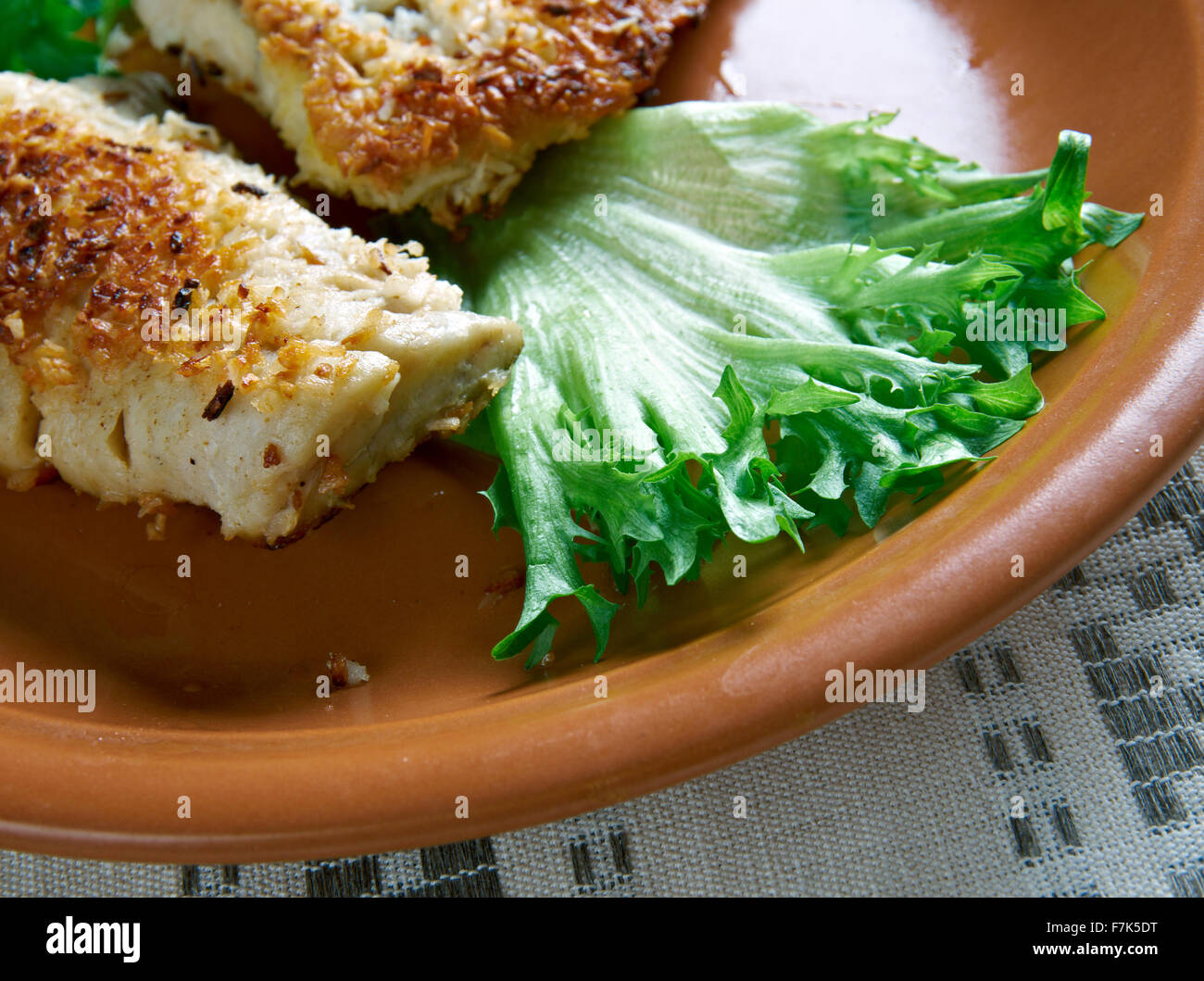 Coconut Crusted Fish - fried fish in coconut flakes. the island of Nauru, South Pacific Stock Photo
