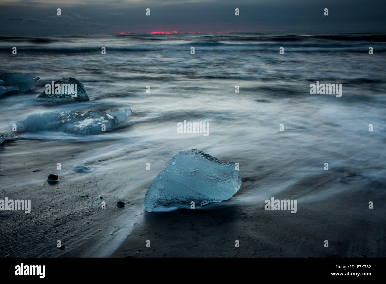 Ice on stormy cold ocean beach, Iceland Stock Photo