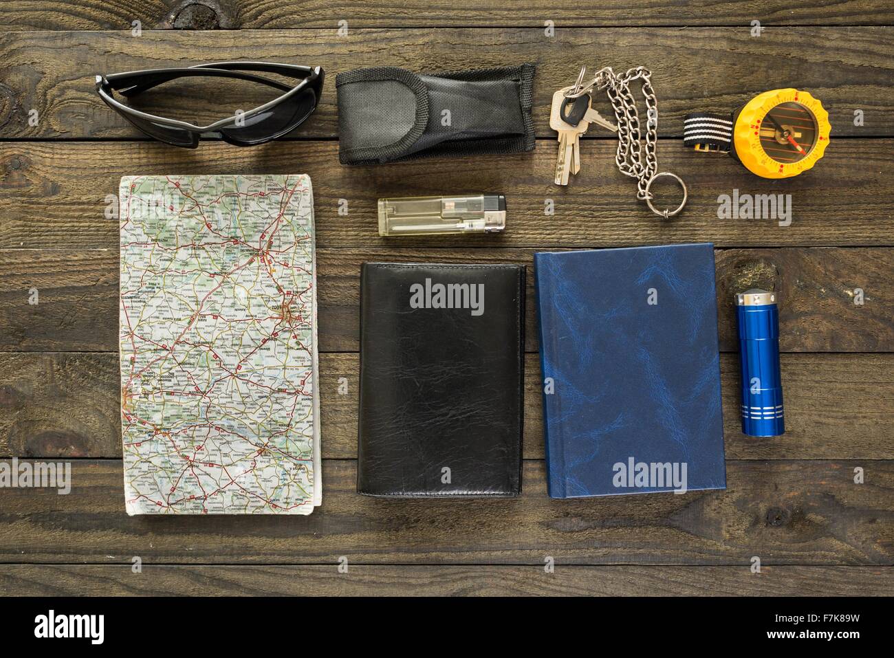 traveller equipment, items include compass, map, torch, knife in cover