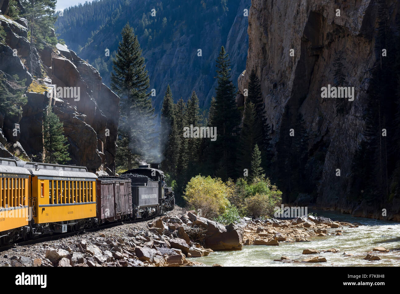 Durango & Silverton Narrow Gauge Railroad steam train in the Animas River Canyon in Southwest Colorado. Stock Photo