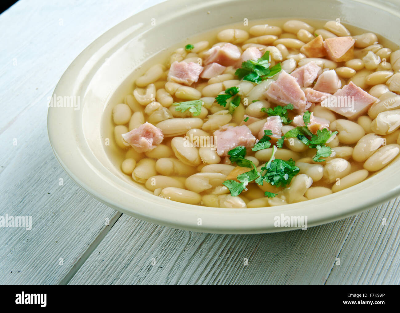 Senate bean soup soup made with navy beans, ham hocks, and onion.served in the dining room of