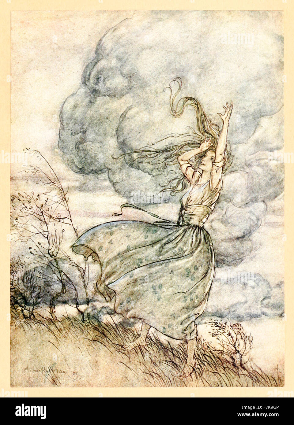 'When the storm threatened to burst on their heads, she uttered a laughing reproof to the clouds. 'Come, come,' saith she, 'look to it that you wet us not'' from ‘Undine’ illustrated by Arthur Rackham (1867-1939). See description for more information. Stock Photo