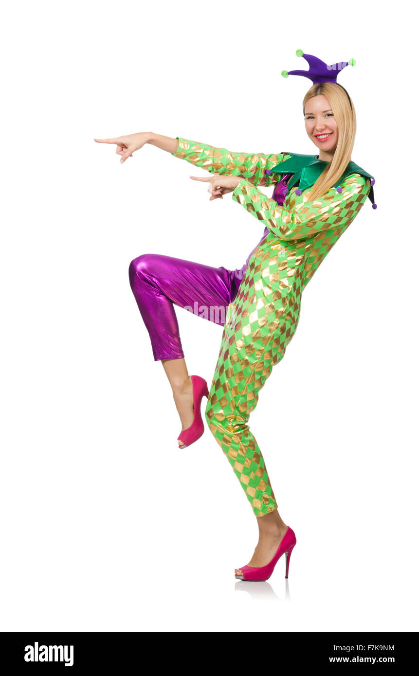 Woman wearing clown costume isolated on white Stock Photo - Alamy