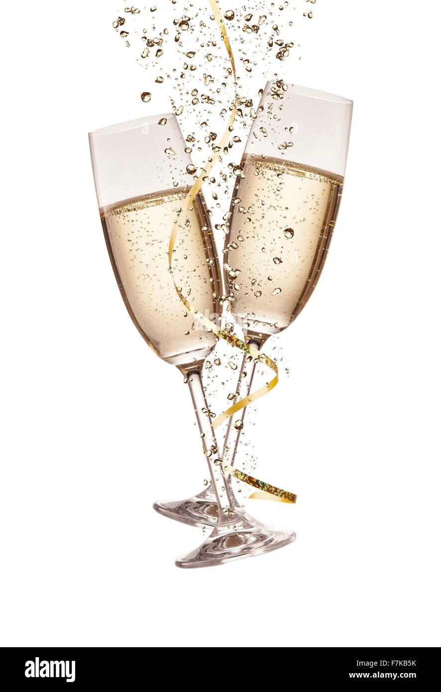 Two glasses of champagne with bubbles, isolated on white Stock Photo