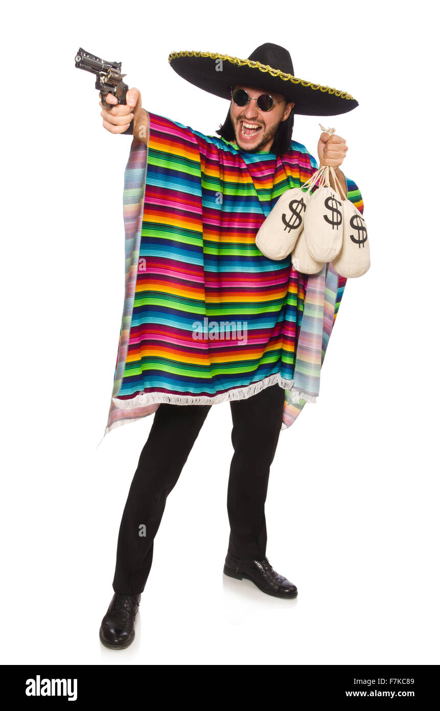 Mexican holding gun and money bag isolated on white Stock Photo - Alamy